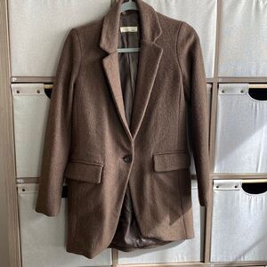 Long brown boiled wool look blazer
